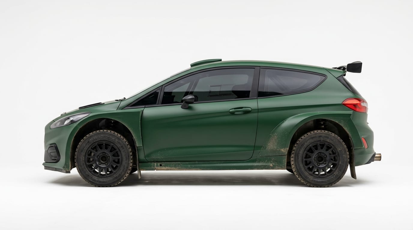 A matt green rally car in side view, splashed with mud, on a pale studio floor