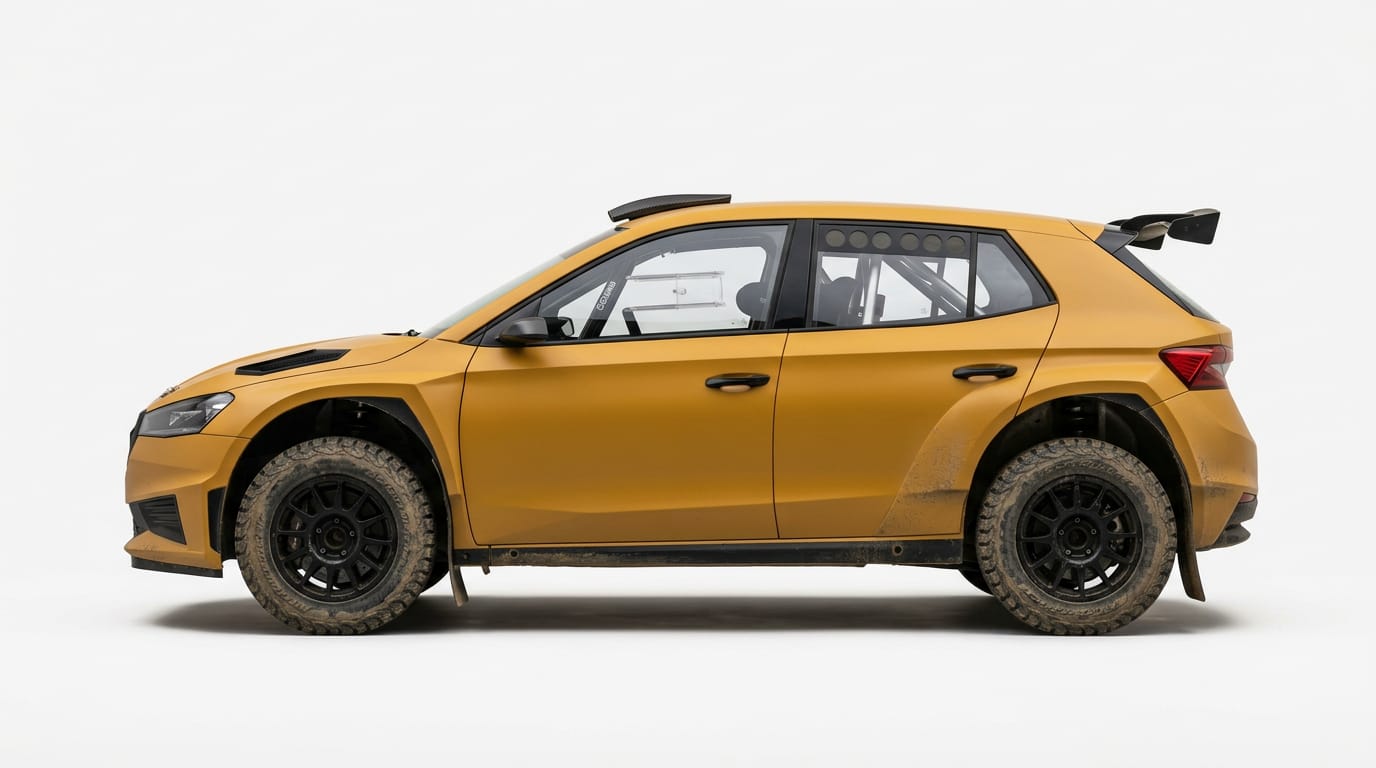 An ochre rally hatchback in side view with a roll cage and muddy tyres