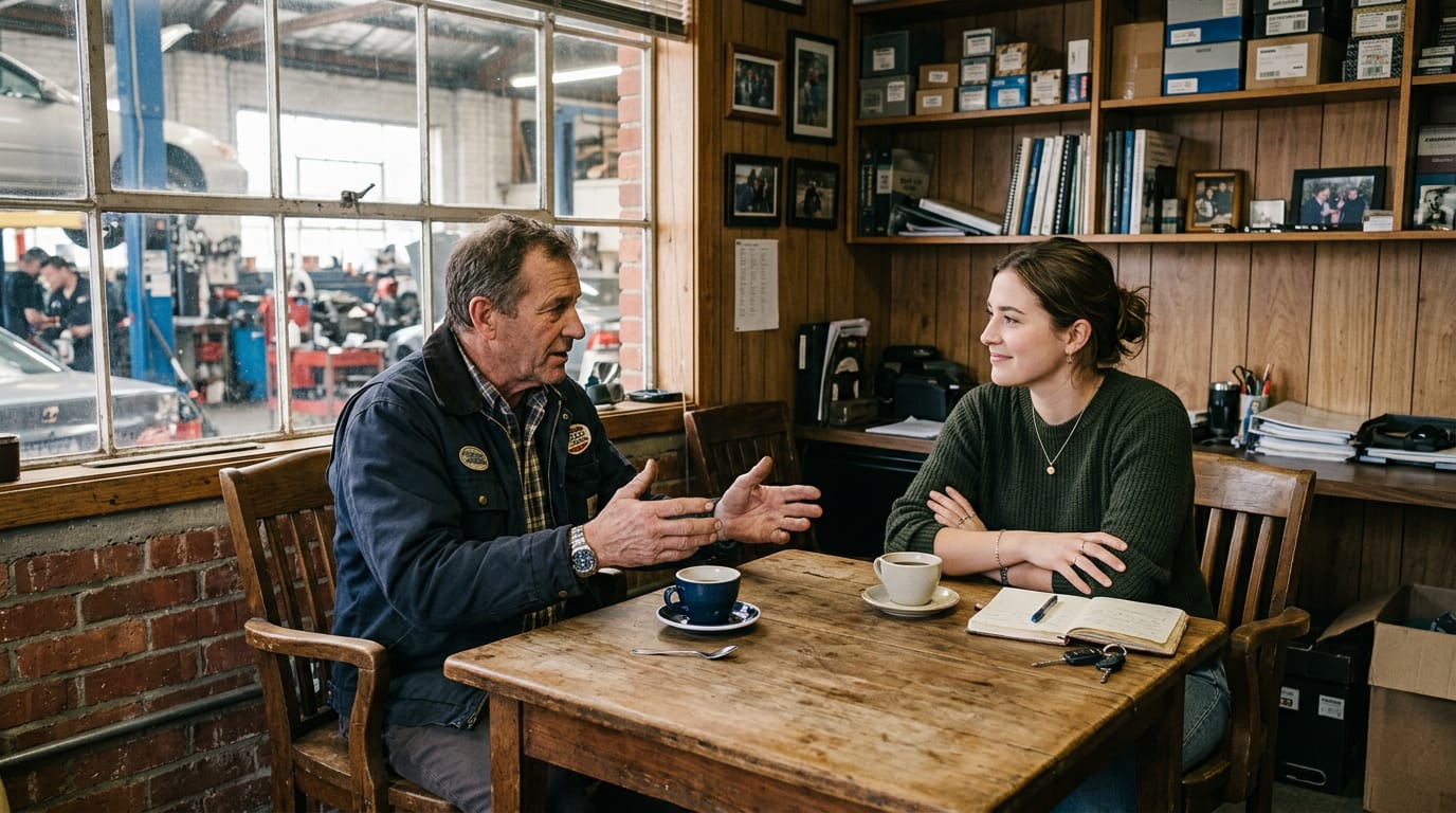 Two people talking across a worn wooden table in a garage office, coffee cups between them