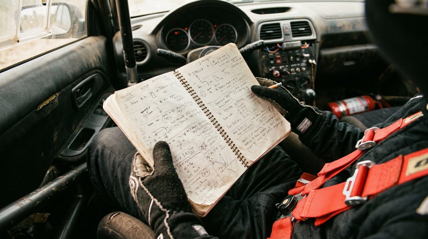 A co-driver in racing gloves holding an open, handwritten pace notebook inside a rally car